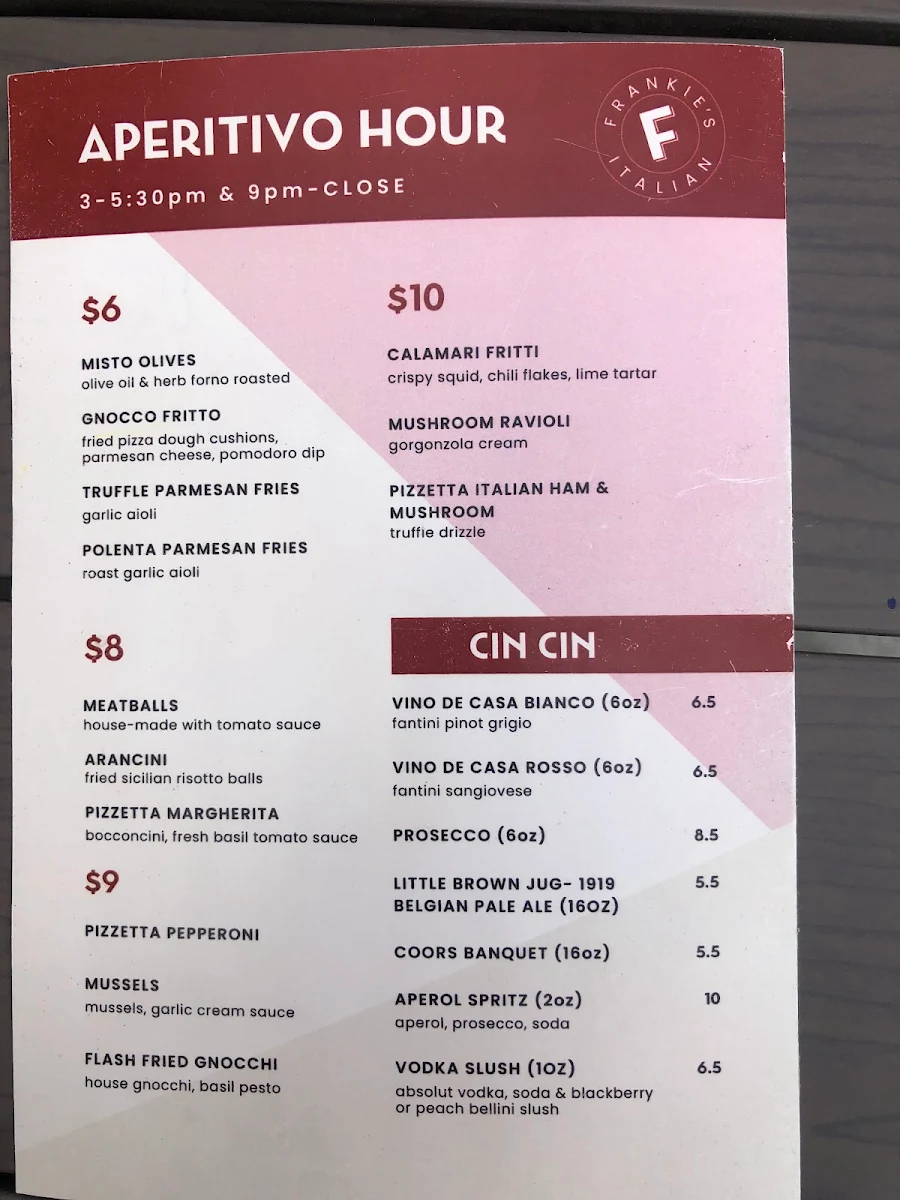 Menu, Frankie's Italian Winnipeg