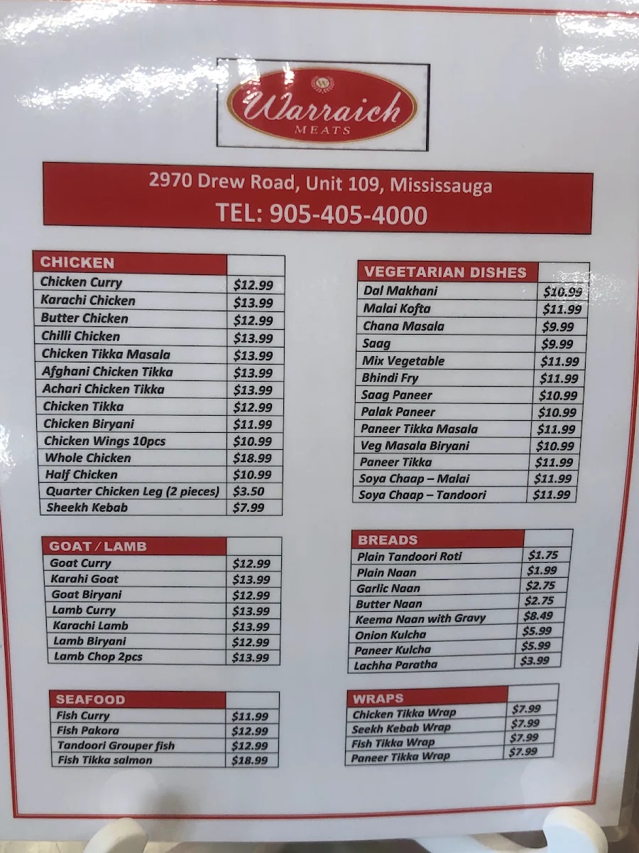 Menu, Warraich Meats Restaurant and Take Out