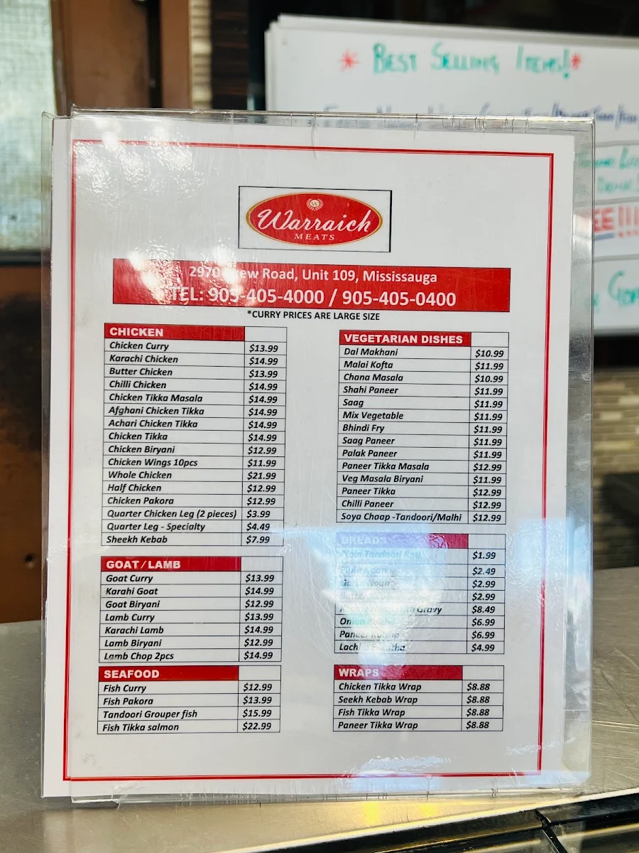 Menu, Warraich Meats Restaurant and Take Out
