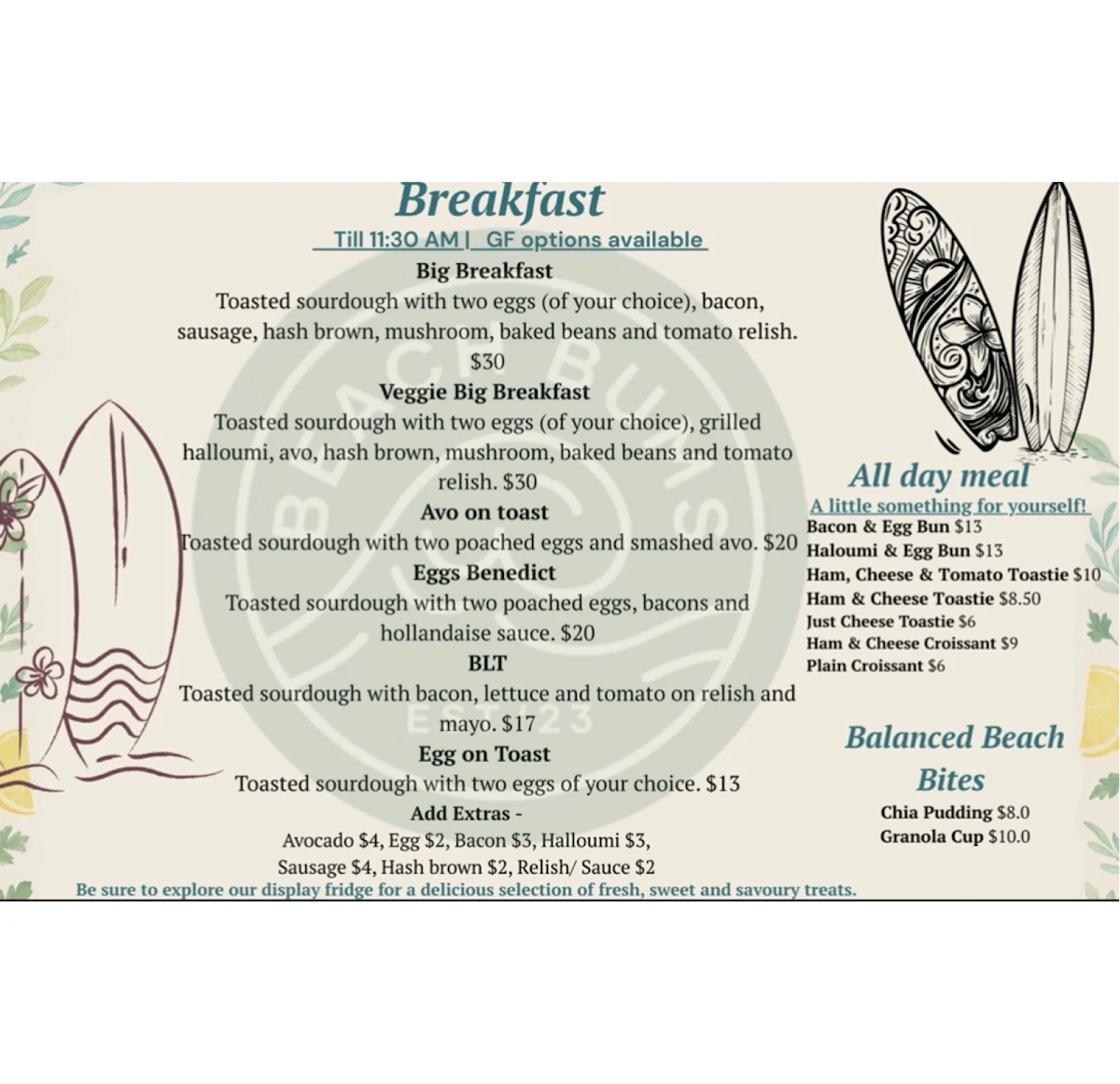 Menu, Beach Bums