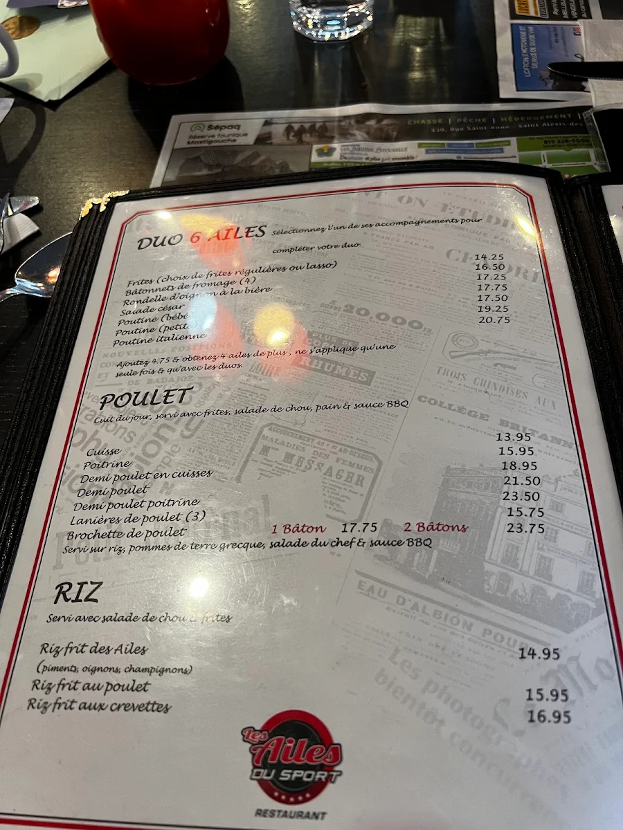 Menu, Restaurant Les Ailes du Sport