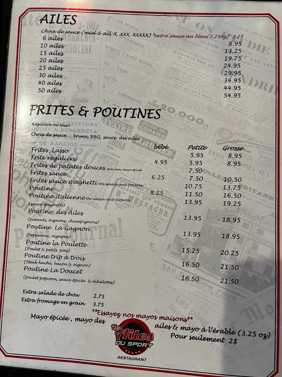 Menu, Restaurant Les Ailes du Sport