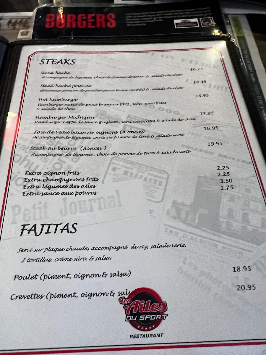 Menu, Restaurant Les Ailes du Sport