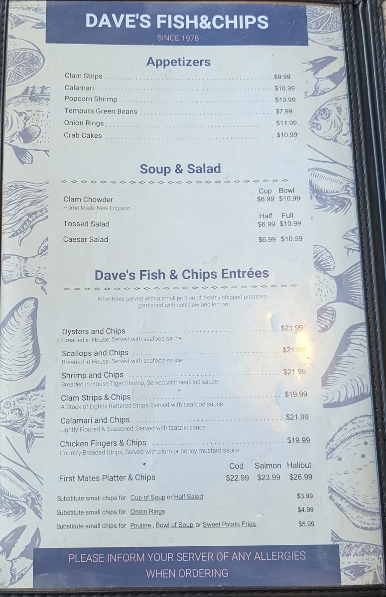 Menu, Dave's Fish & Chips
