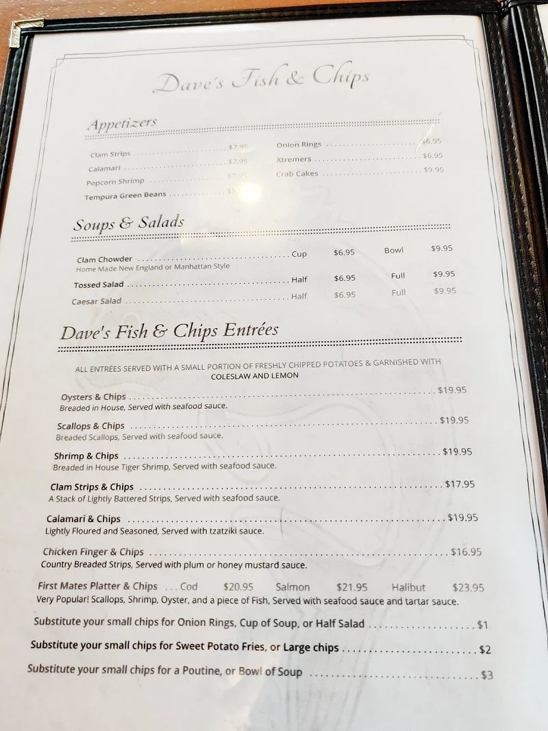 Menu, Dave's Fish & Chips