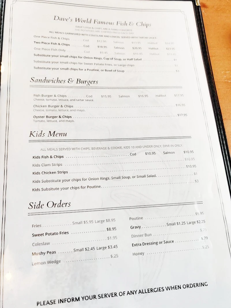 Menu, Dave's Fish & Chips