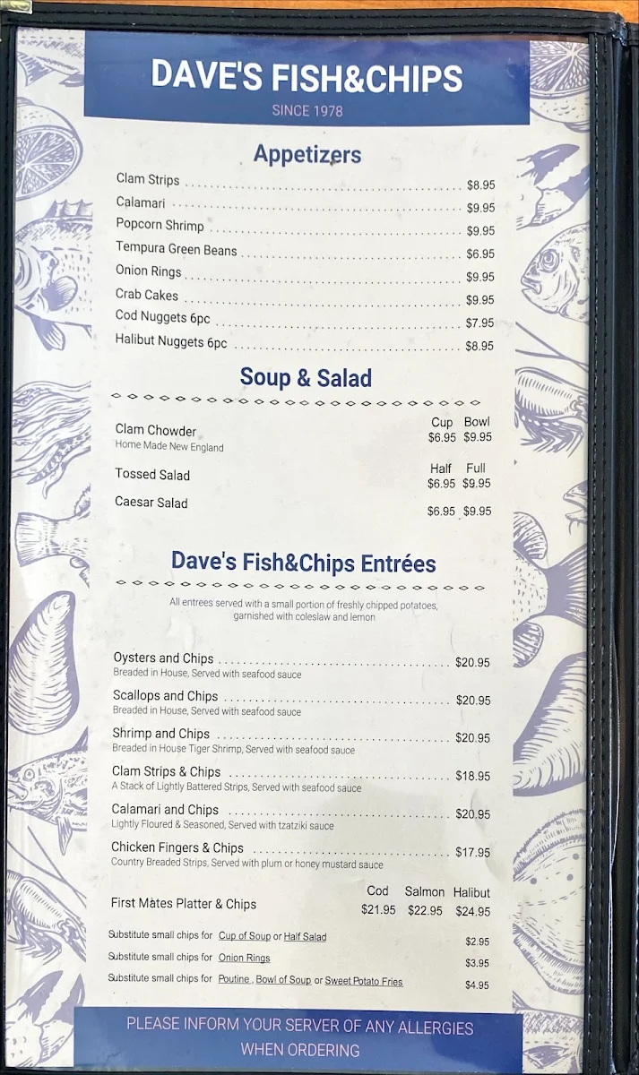 Menu, Dave's Fish & Chips