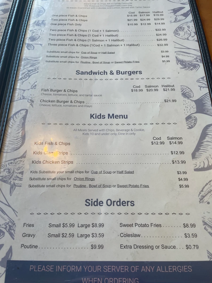 Menu, Dave's Fish & Chips