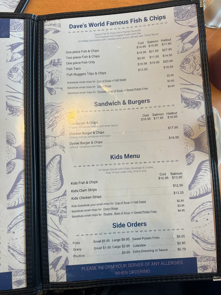 Menu, Dave's Fish & Chips