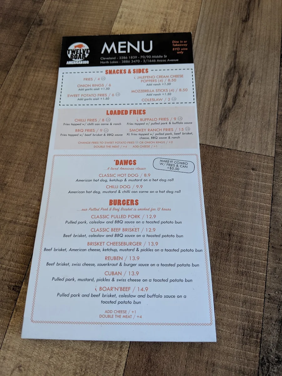 Menu, Twelve Boar American BBQ (North Lakes)