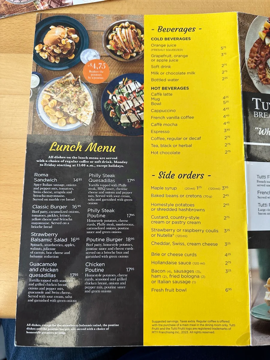 Menu, Tutti Frutti déjeuner et diner