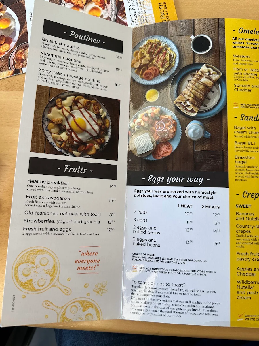 Menu, Tutti Frutti déjeuner et diner