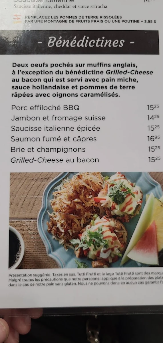Menu, Tutti Frutti déjeuner et diner