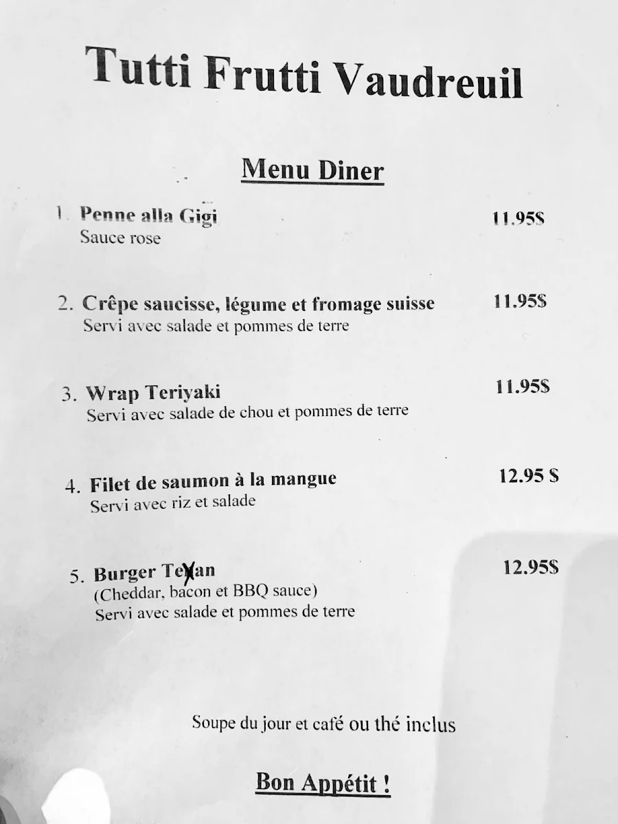 Menu, Tutti Frutti déjeuner et diner