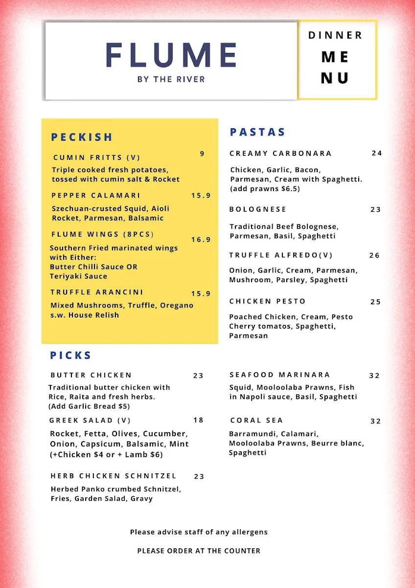 Menu, Flume By The River