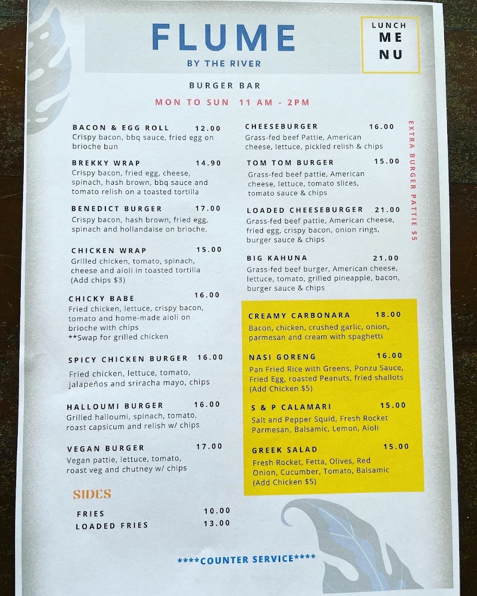 Menu, Flume By The River