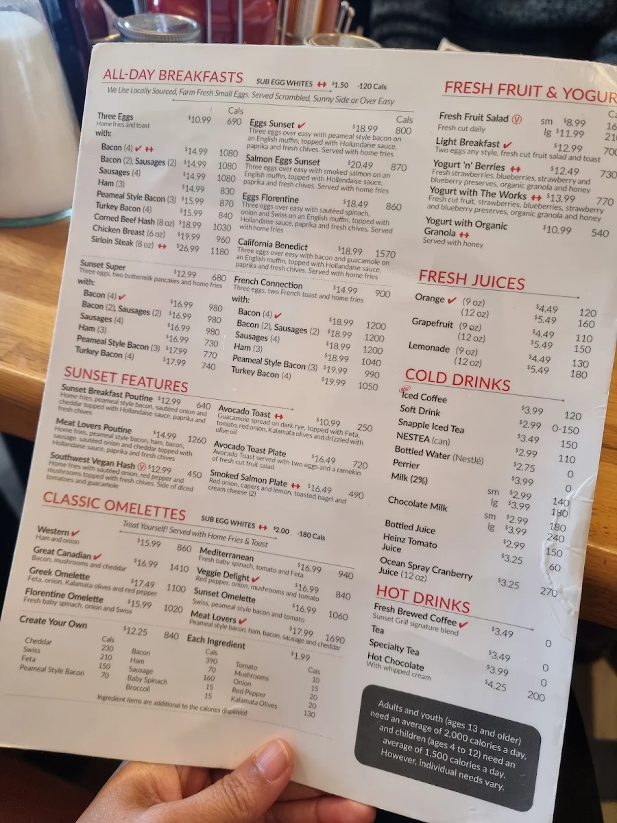 Menu, Sunset Grill