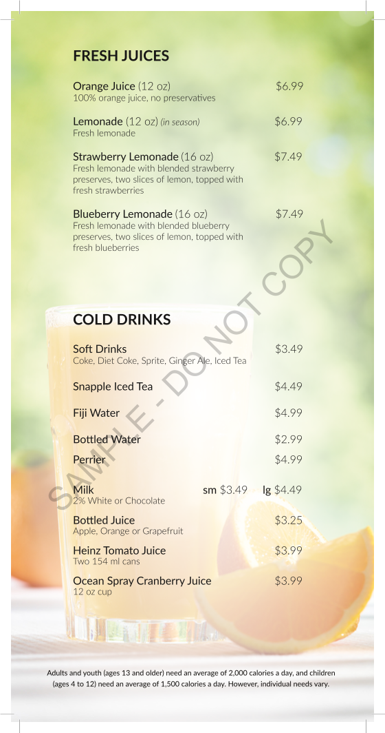 Menu, Sunset Grill