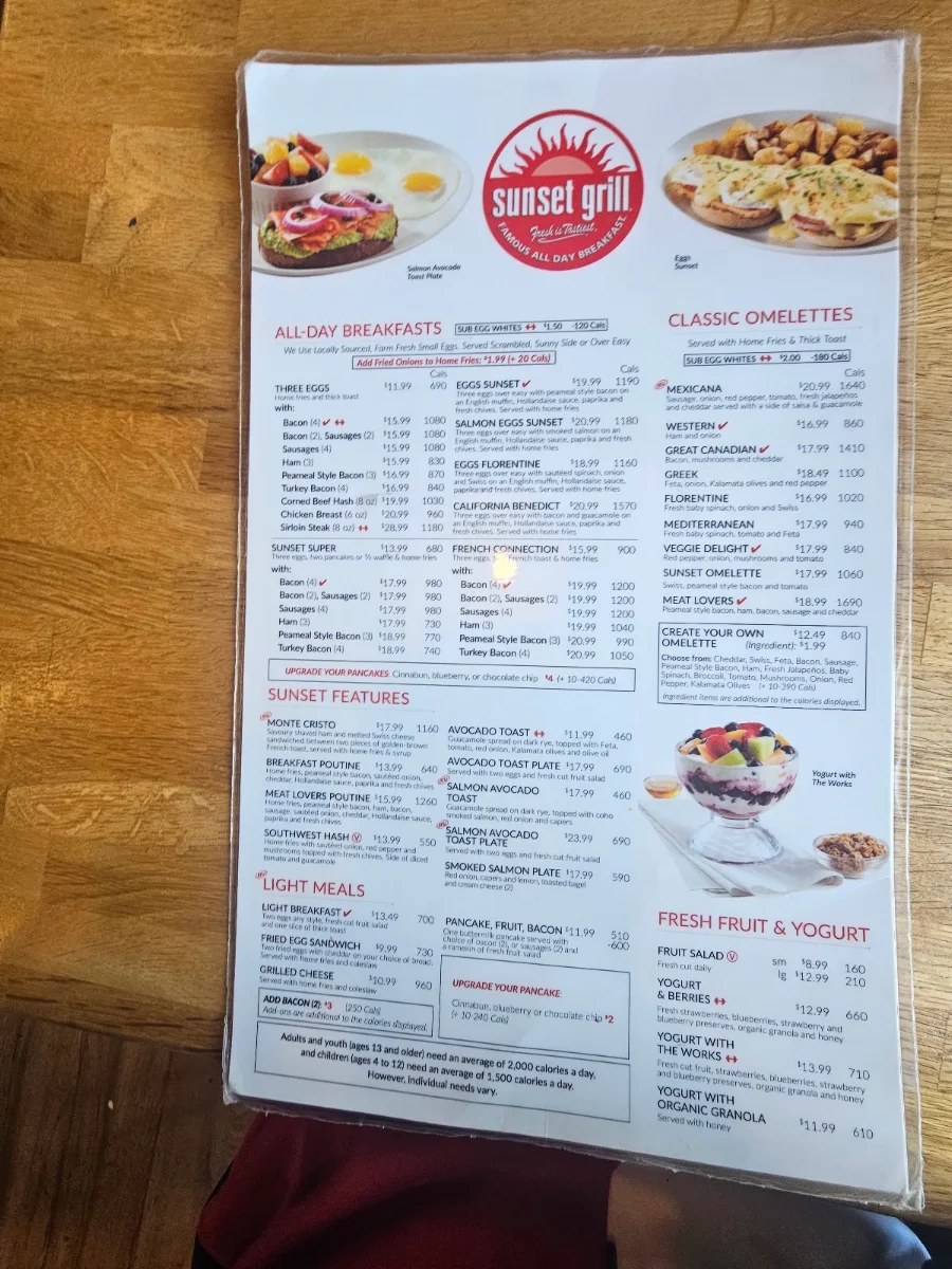 Menu, Sunset Grill