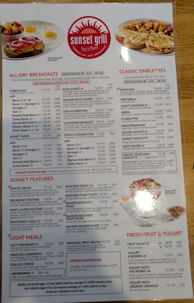 Menu, Sunset Grill