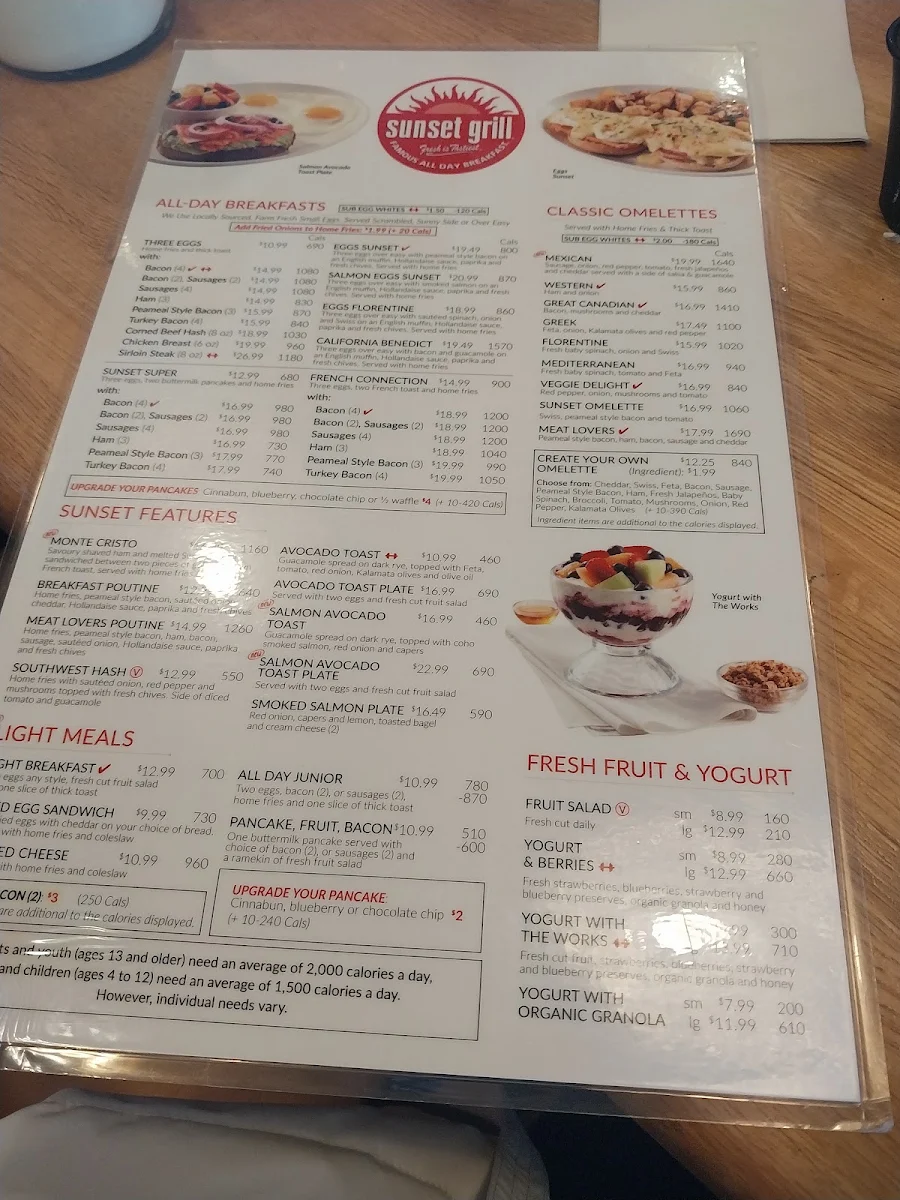 Menu, Sunset Grill