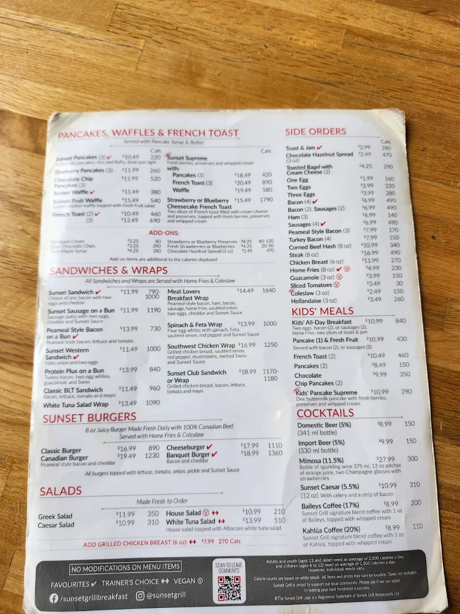 Menu, Sunset Grill