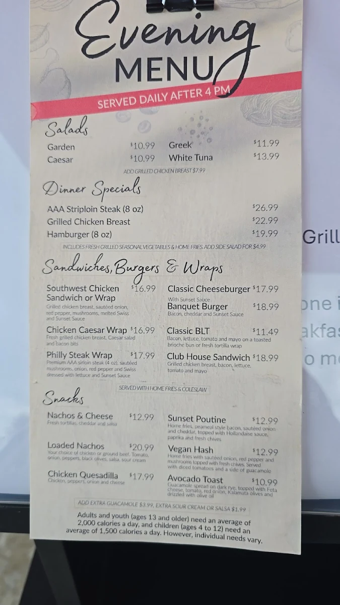 Menu, Sunset Grill