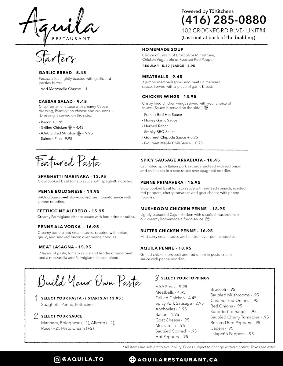 Menu, Aquila Restaurant