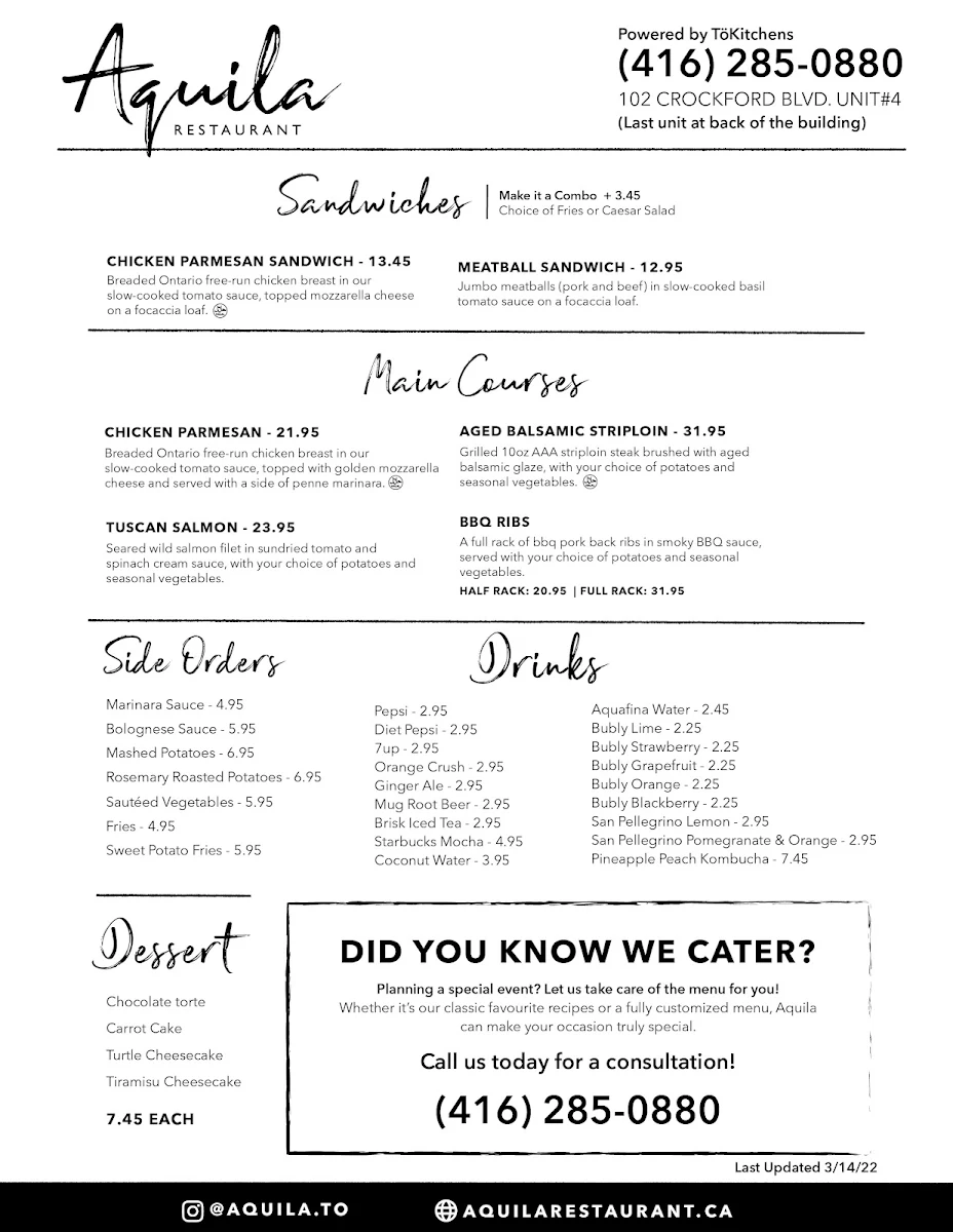 Menu, Aquila Restaurant