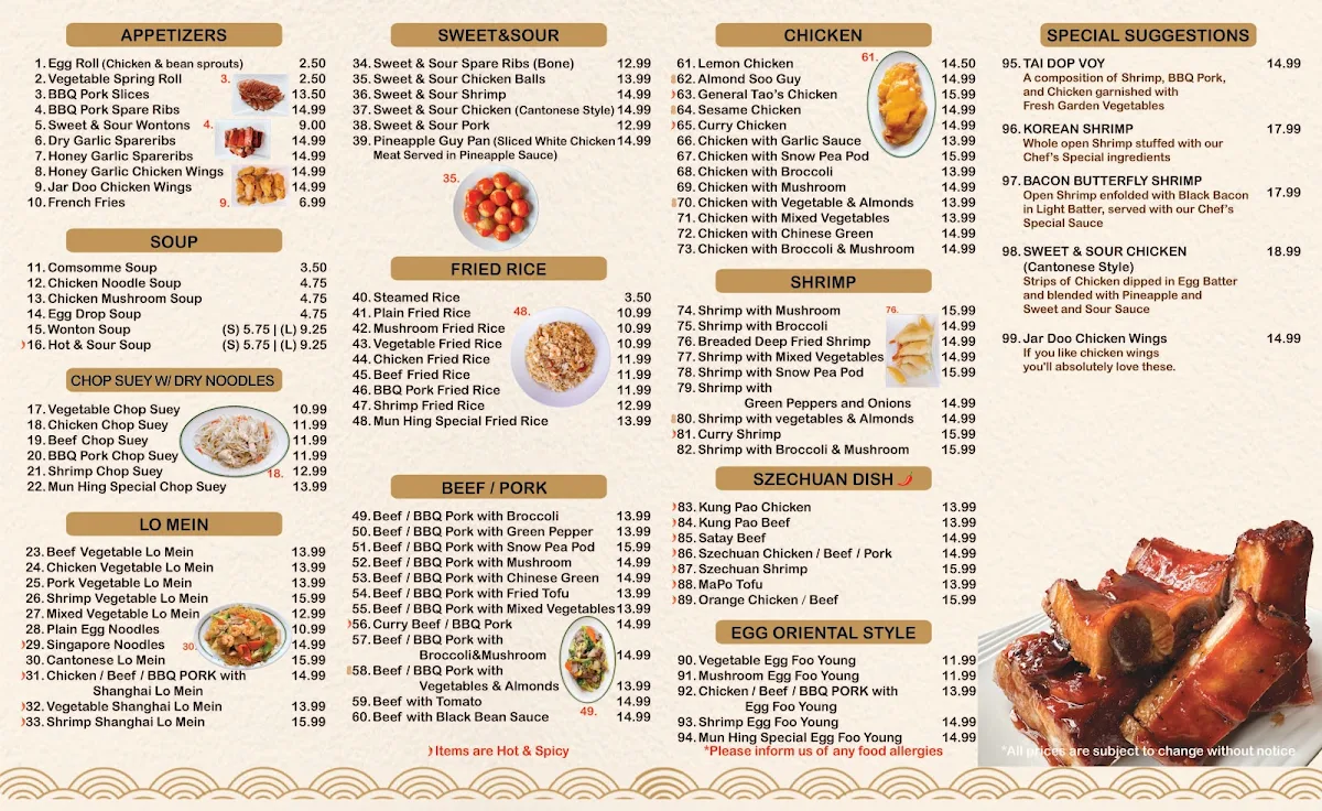 Menu, Mun Hing Restaurant