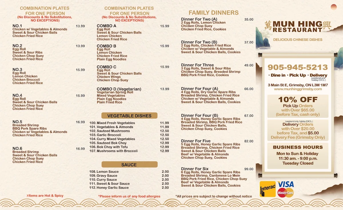Menu, Mun Hing Restaurant