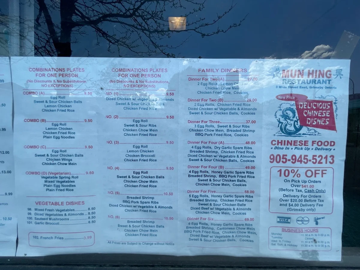 Menu, Mun Hing Restaurant