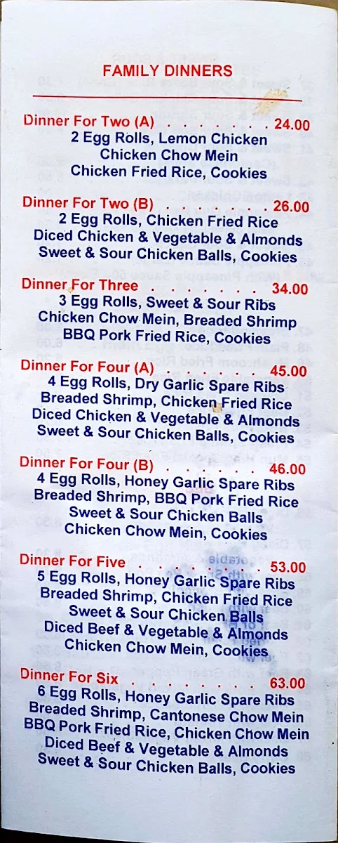 Menu, Mun Hing Restaurant