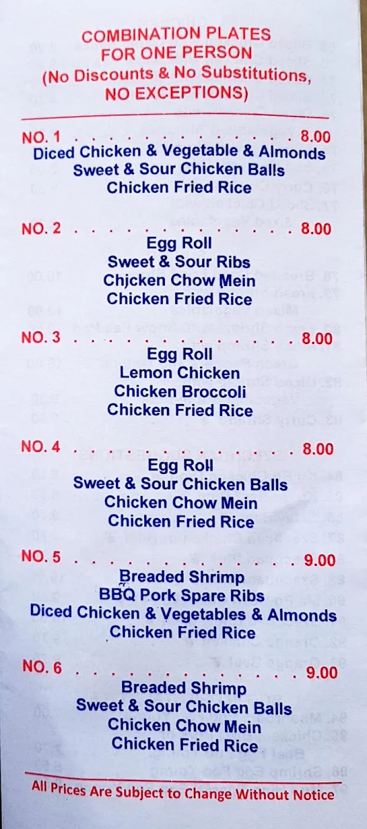 Menu, Mun Hing Restaurant