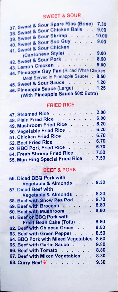 Menu, Mun Hing Restaurant