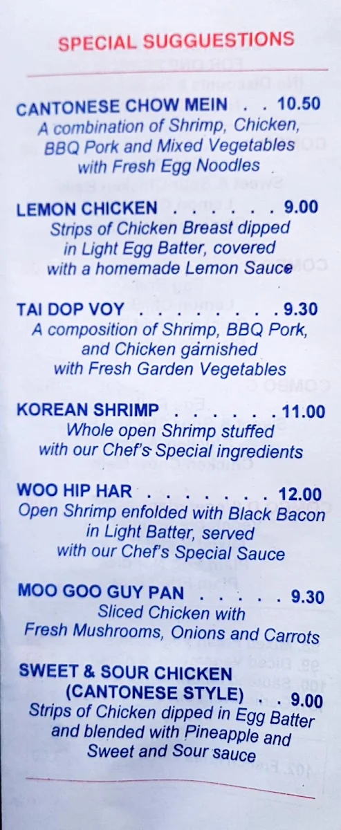 Menu, Mun Hing Restaurant