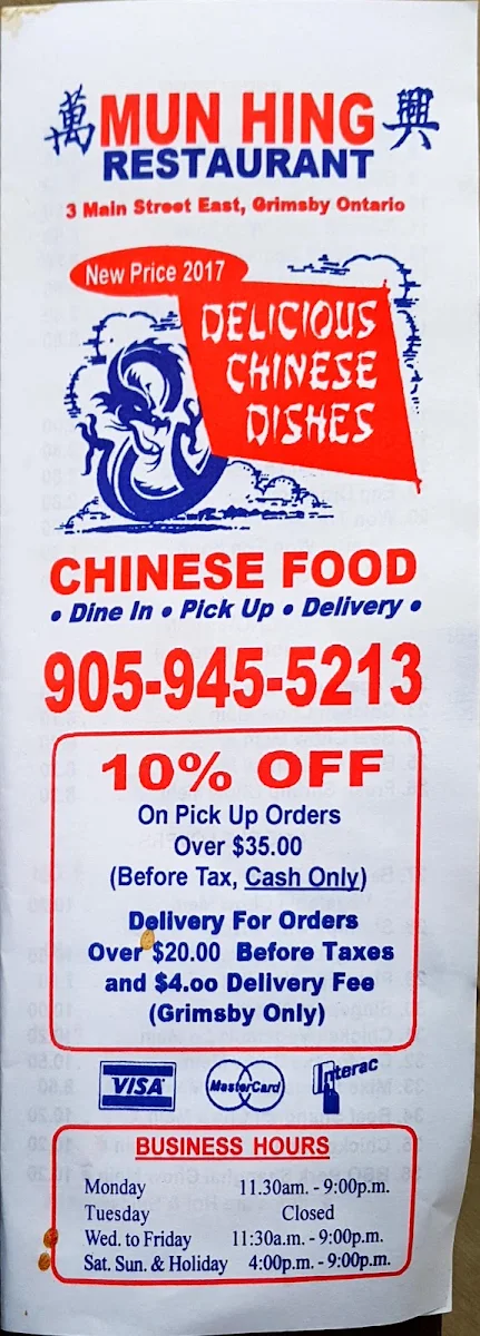 Menu, Mun Hing Restaurant