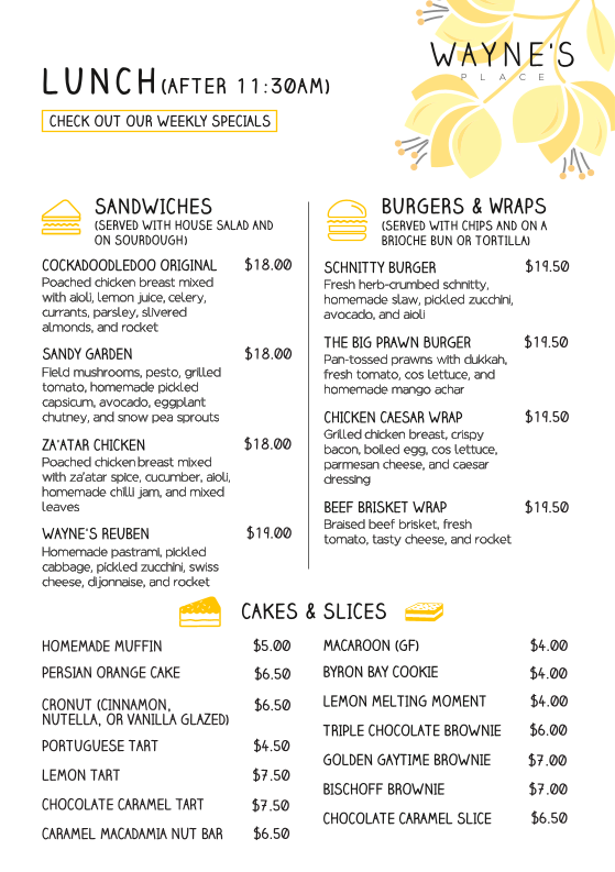 Menu, Wayne's Place