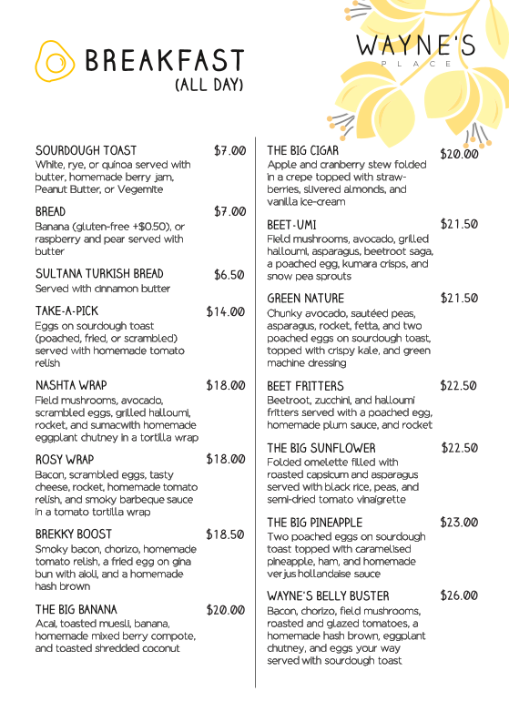 Menu, Wayne's Place