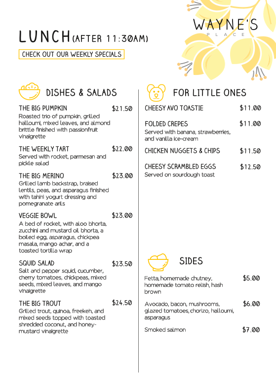 Menu, Wayne's Place