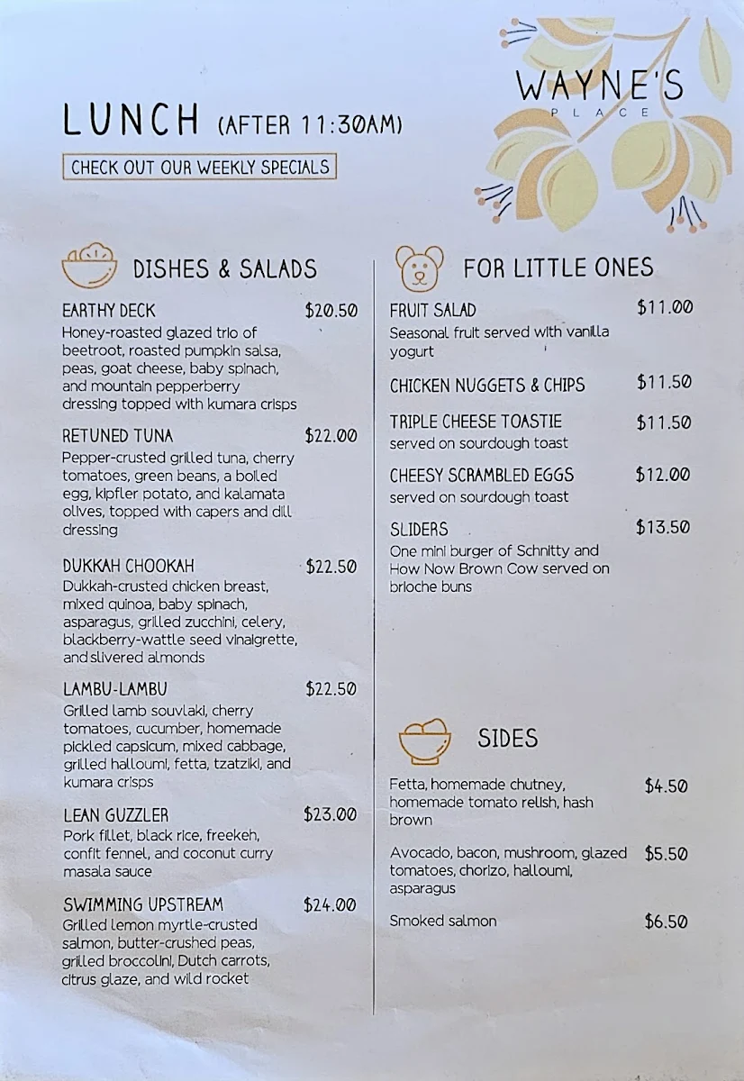 Menu, Wayne's Place