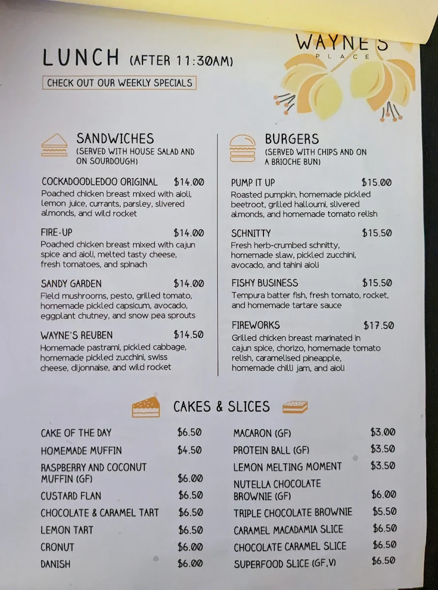 Menu, Wayne's Place