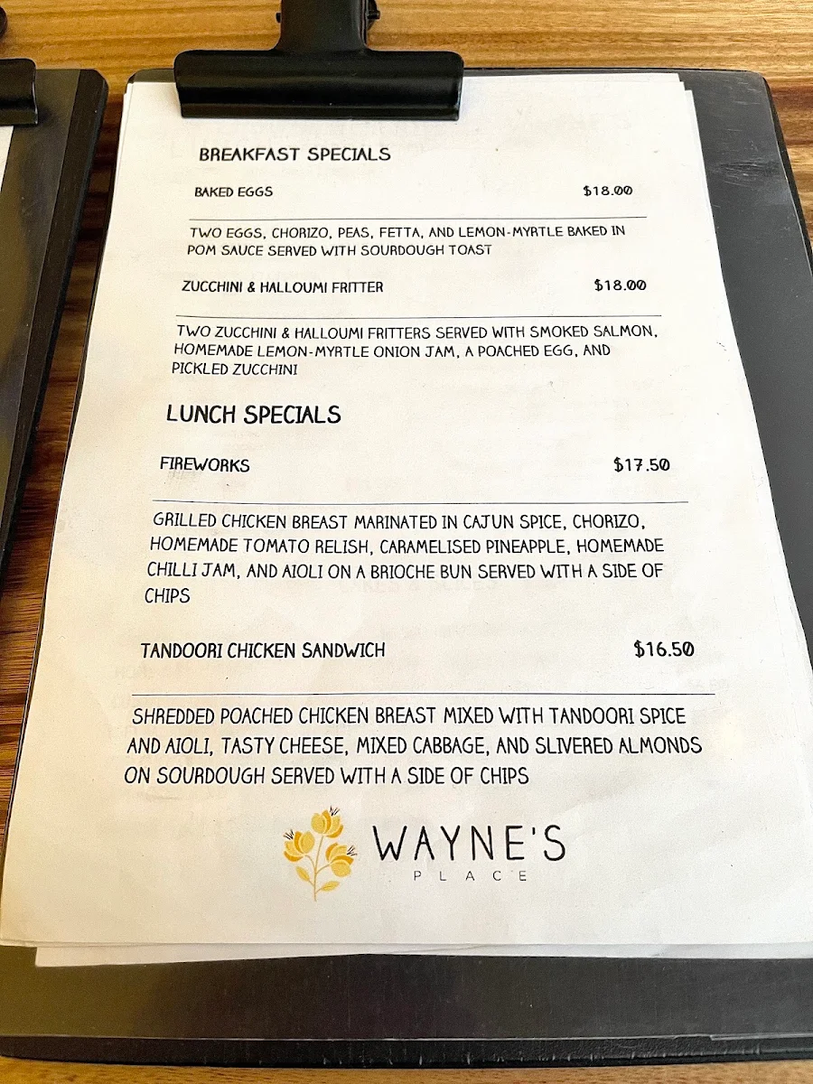 Menu, Wayne's Place