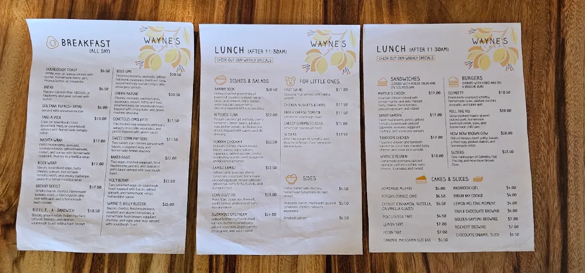 Menu, Wayne's Place