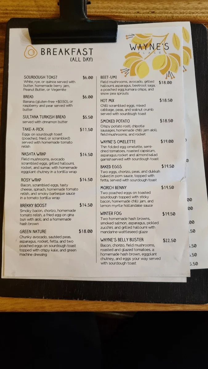 Menu, Wayne's Place