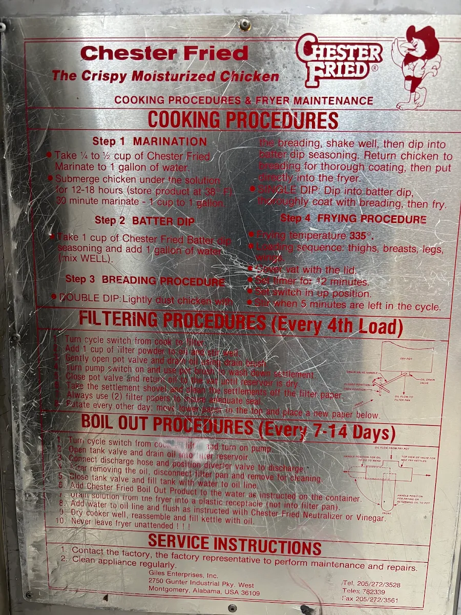 Menu, Chester chicken restaurant