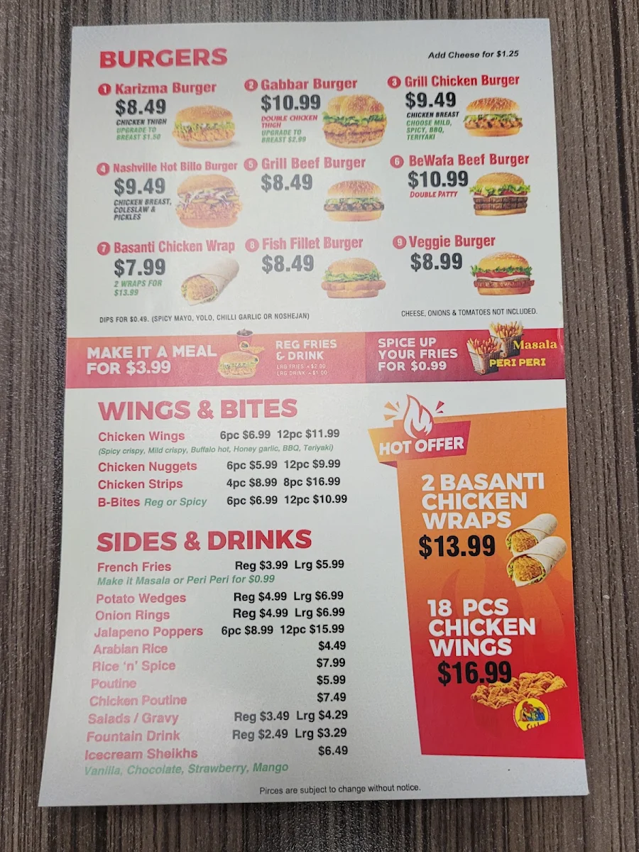 Menu, Chicken World