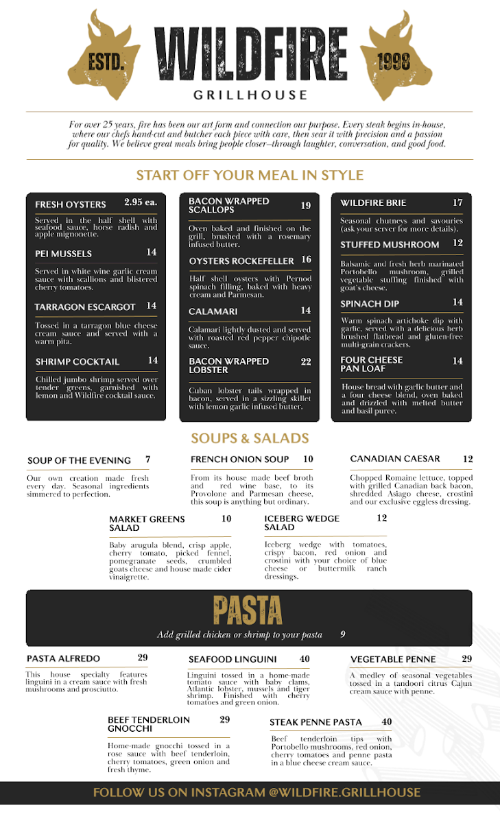 Menu, Wildfire Grill House