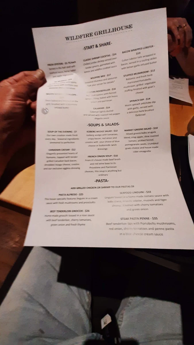 Menu, Wildfire Grill House