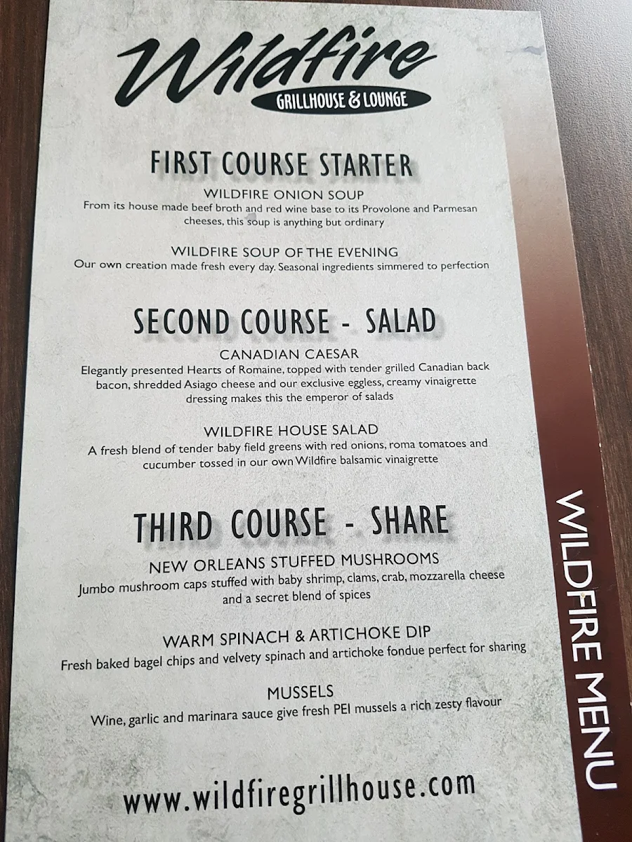 Menu, Wildfire Grill House